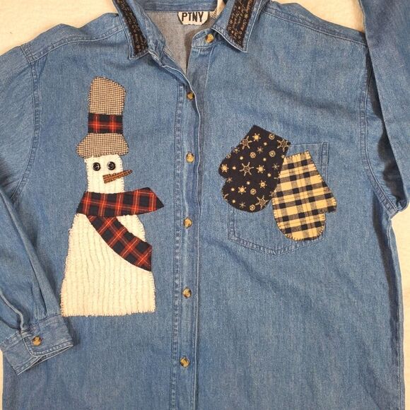 PTNY Vintage Denim Christmas Snowman Shirt Size Medium - Picture 10 of 11